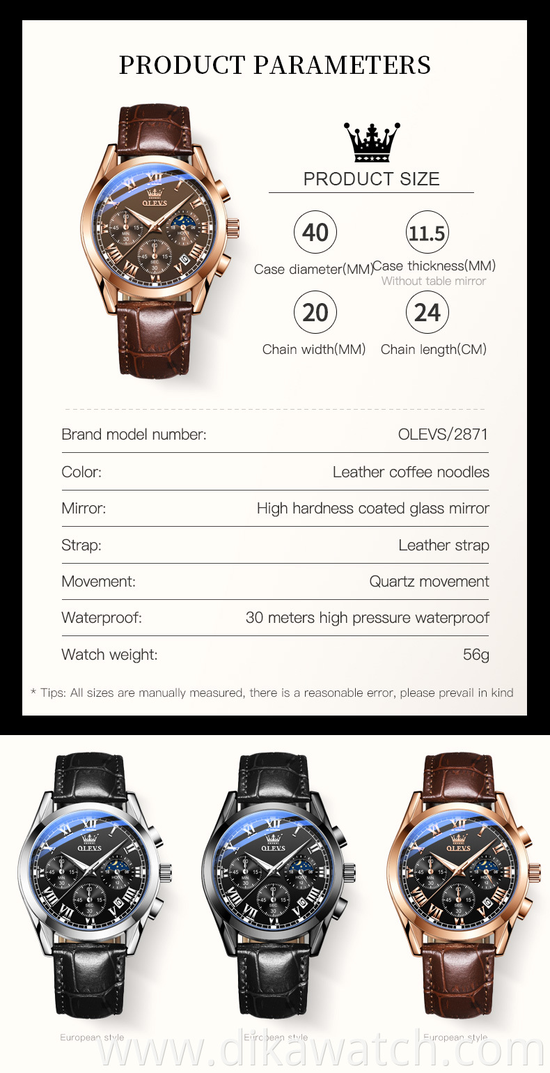 OLEVS 2871 Multifunctional Sports Watches Leather Luxury Fashion Genuine Leather Man Wristwatch Waterproof Luminous Men's Watch